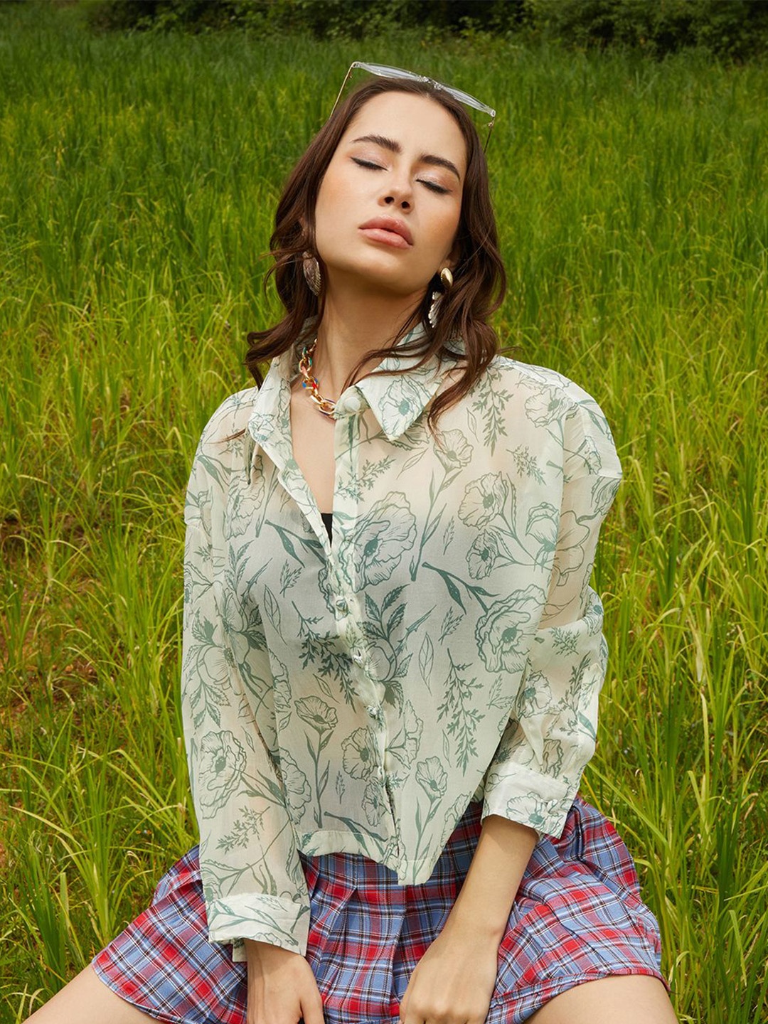 

PINACOLADA Women Comfort Spread Collar Floral Printed Oversized Casual Shirt, Green