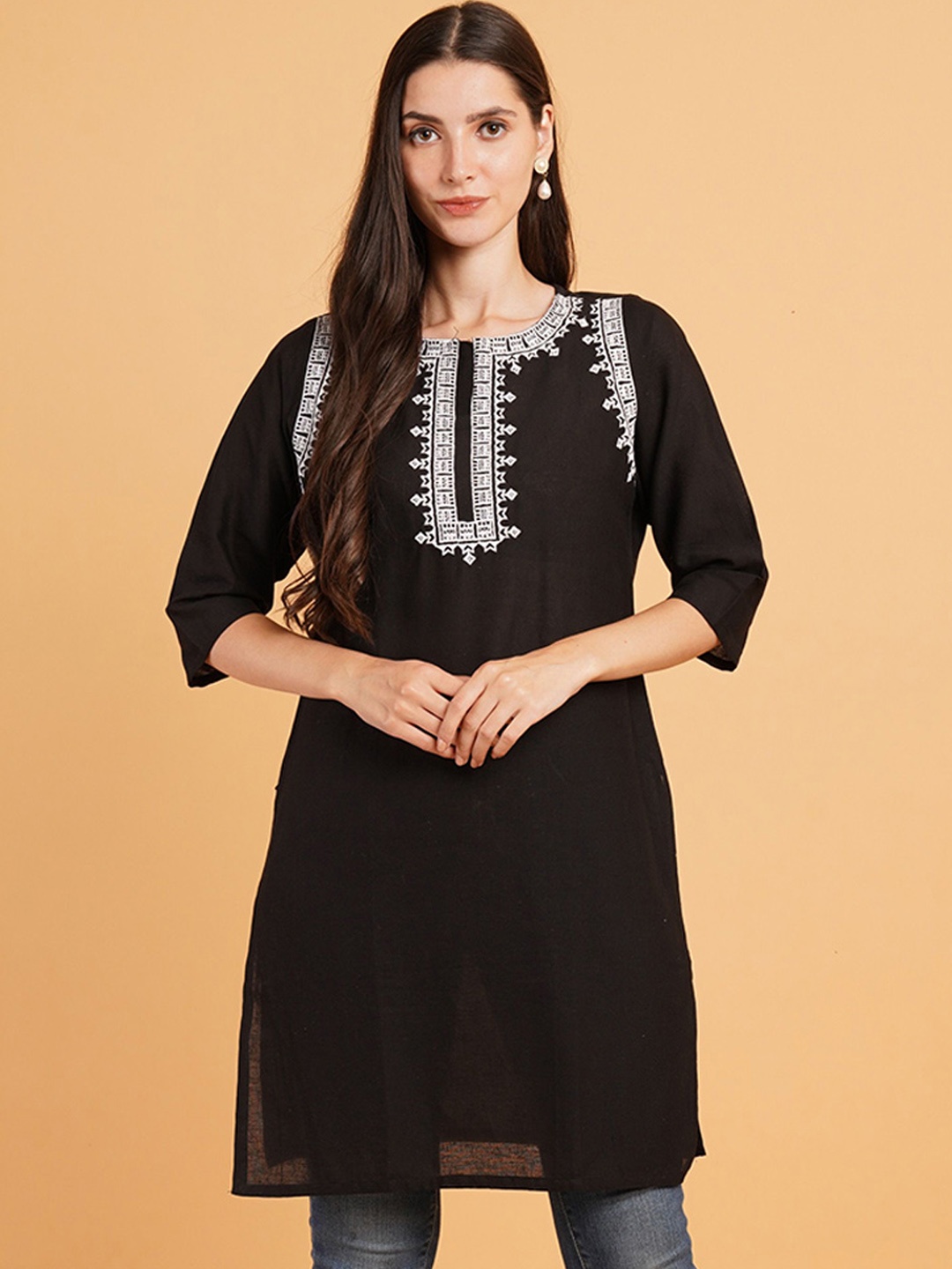 

Brownverse Ethnic Motifs Embroidered Regular Cotton Straight Kurti, Black