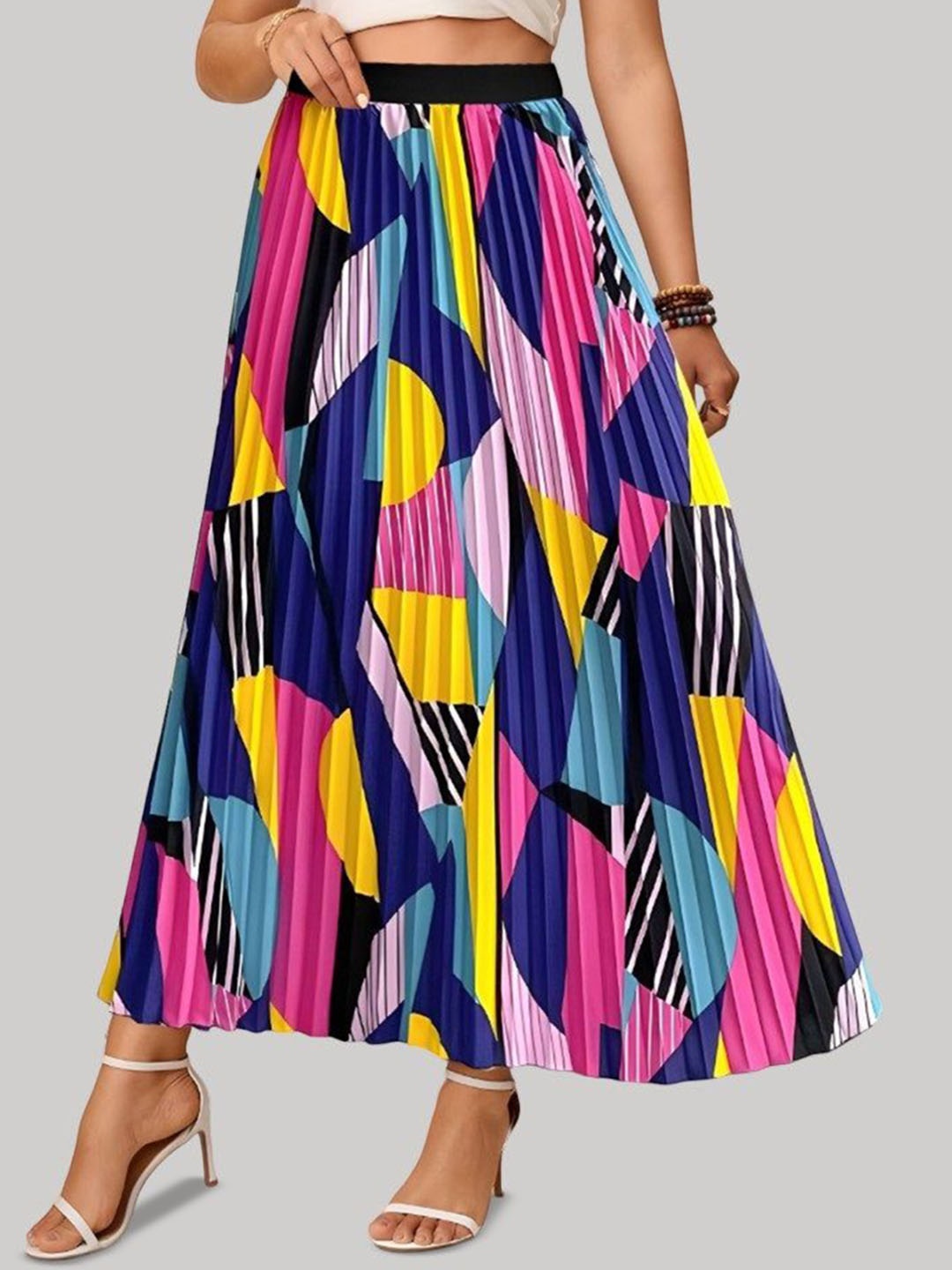 

Raiyani Enterprise Women Printed Pleated Flared Maxi Skirts, Blue