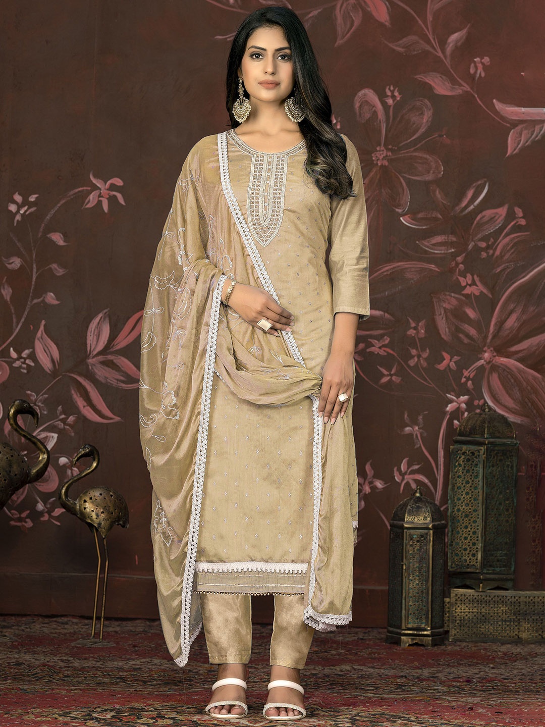 

Maroosh Floral Embroidered Sequined Unstitched Dress Material, Beige