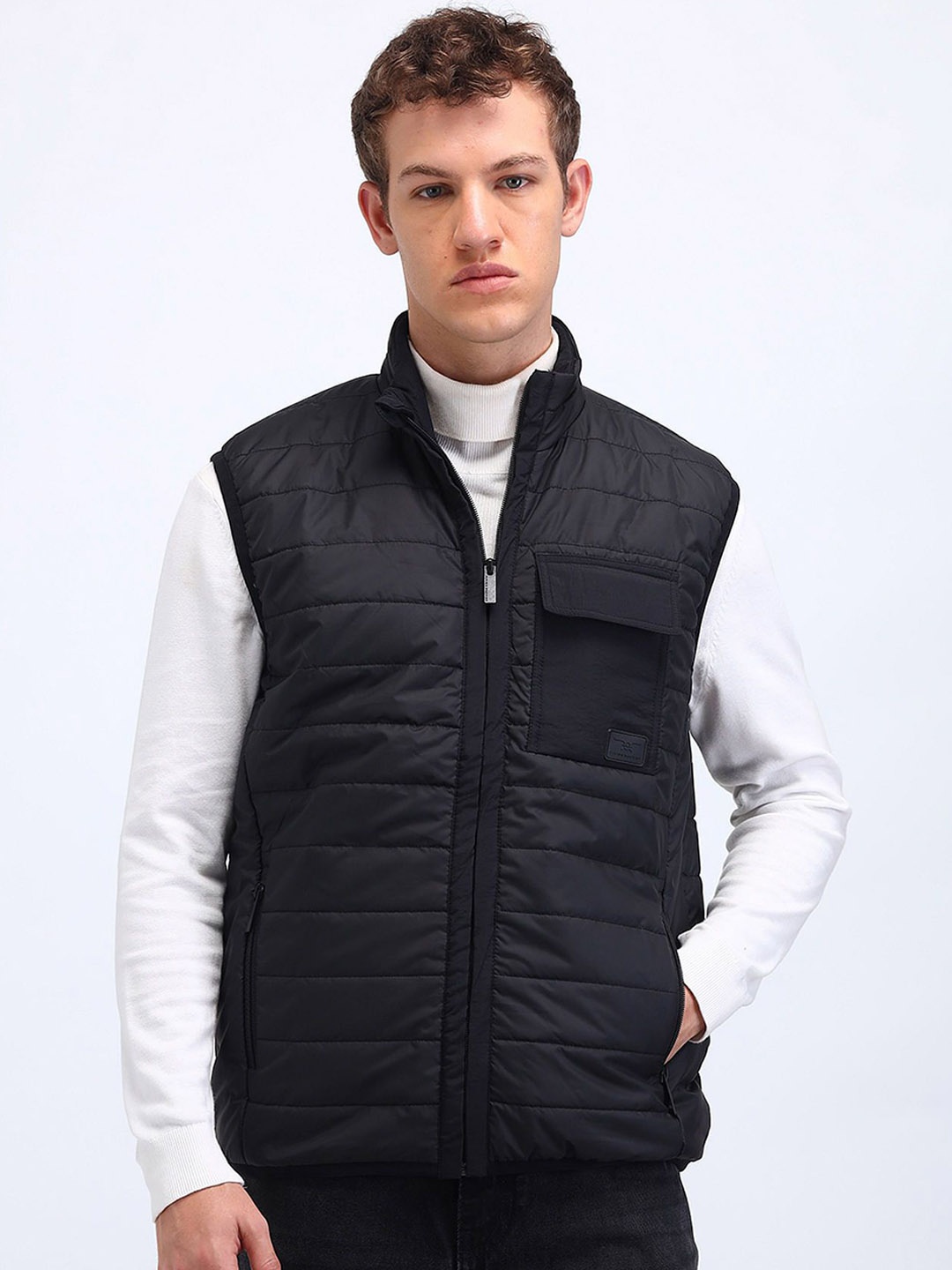 

Flying Machine Men Mock Collar Solid Casual Padded Jacket, Black