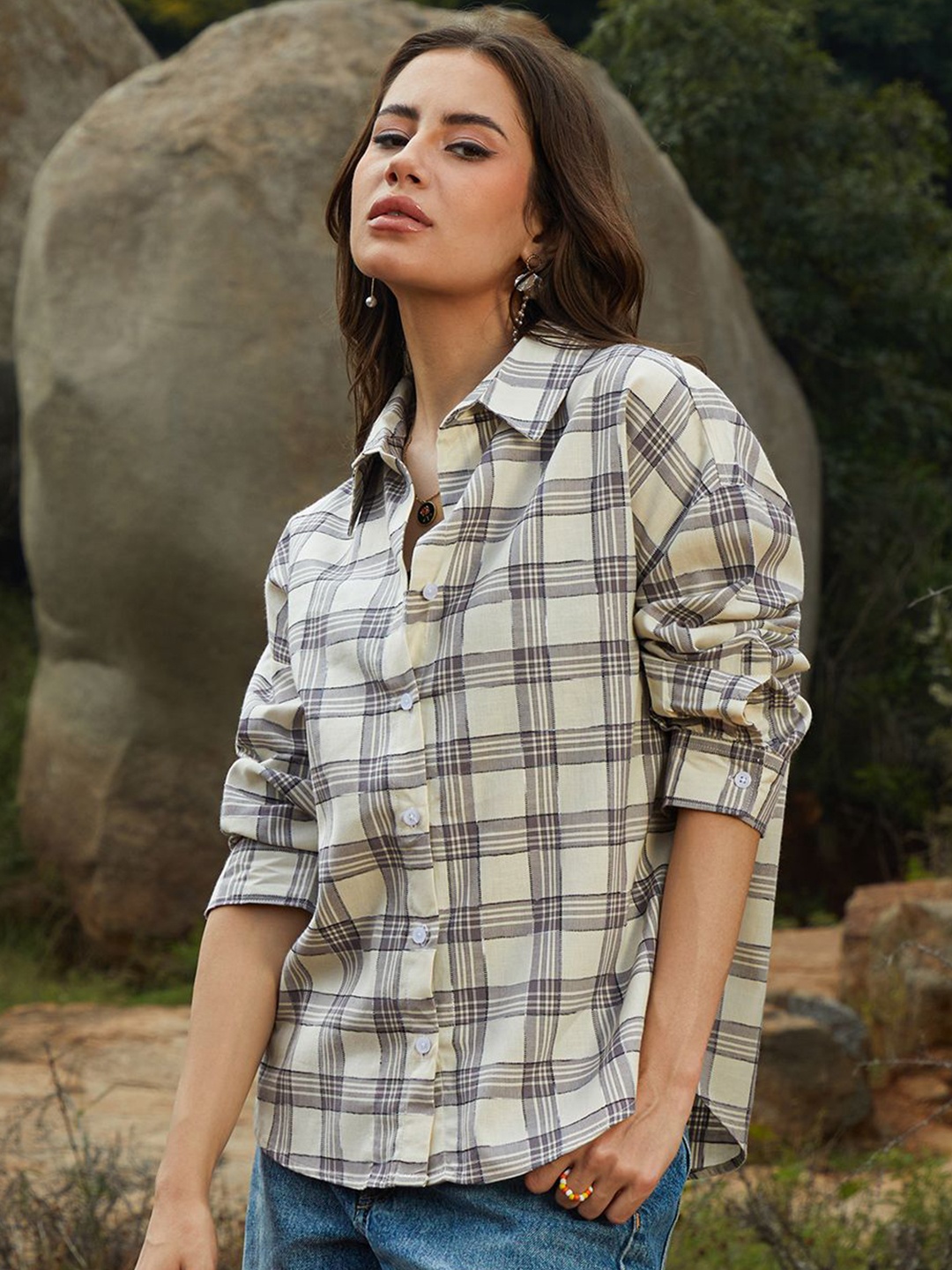 

Campus Sutra Women Comfort Spread Collar Tartan Checked Oversized Casual Shirt, Olive