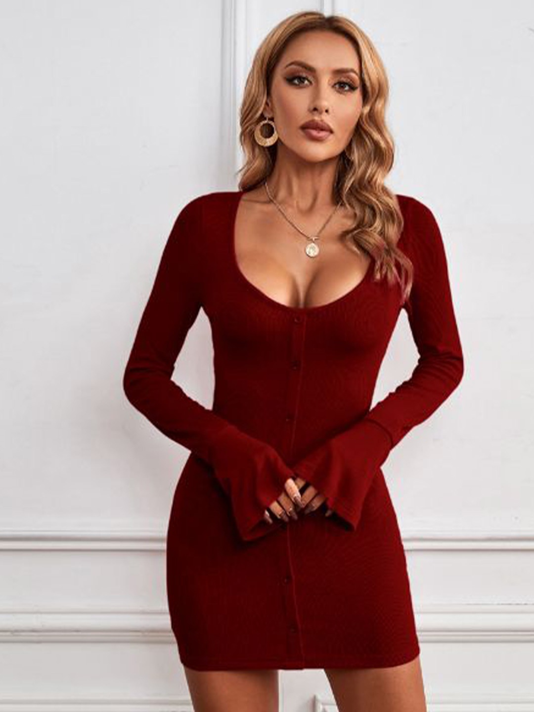 

StyleCast Women Bell Sleeve Bodycon Dress, Burgundy