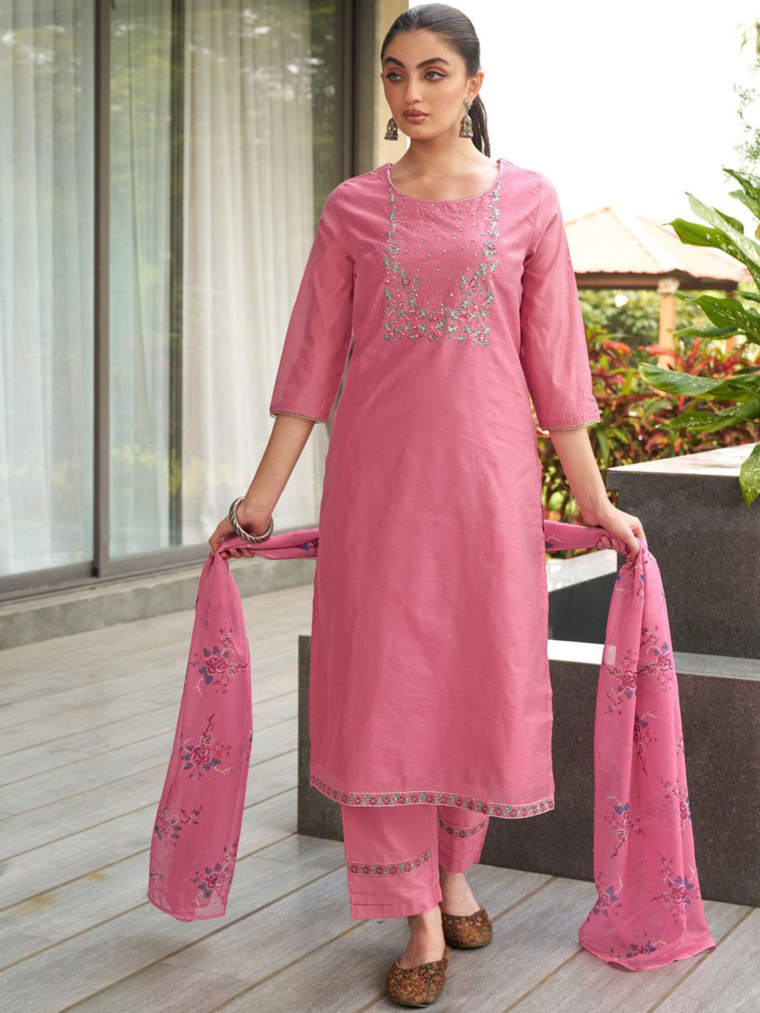 

JIVORA Floral Embroidered Sequined Straight Kurta With Trousers & Dupatta, Pink