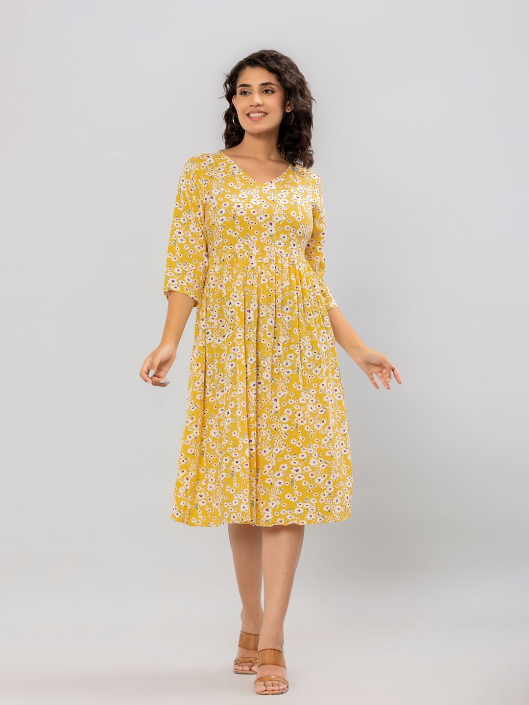 

FLAMBOYANT Women Floral Printed Fit & Flare Dress, Yellow