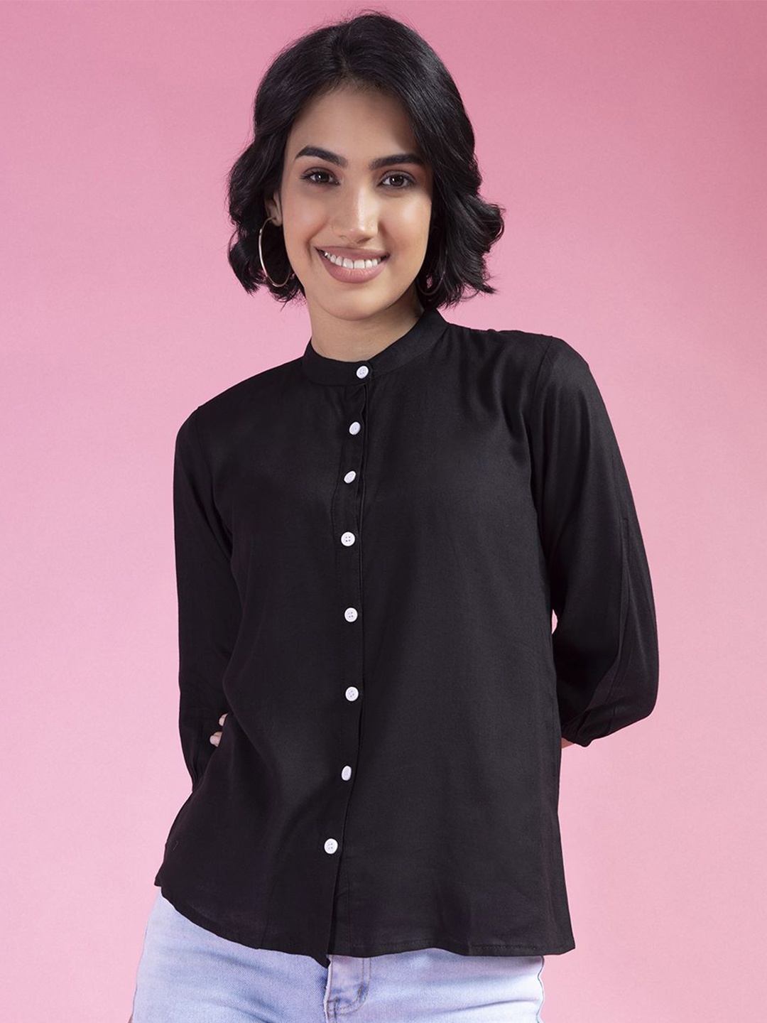 

KALINI Women Classic Band Collar Solid Casual Shirt, Black