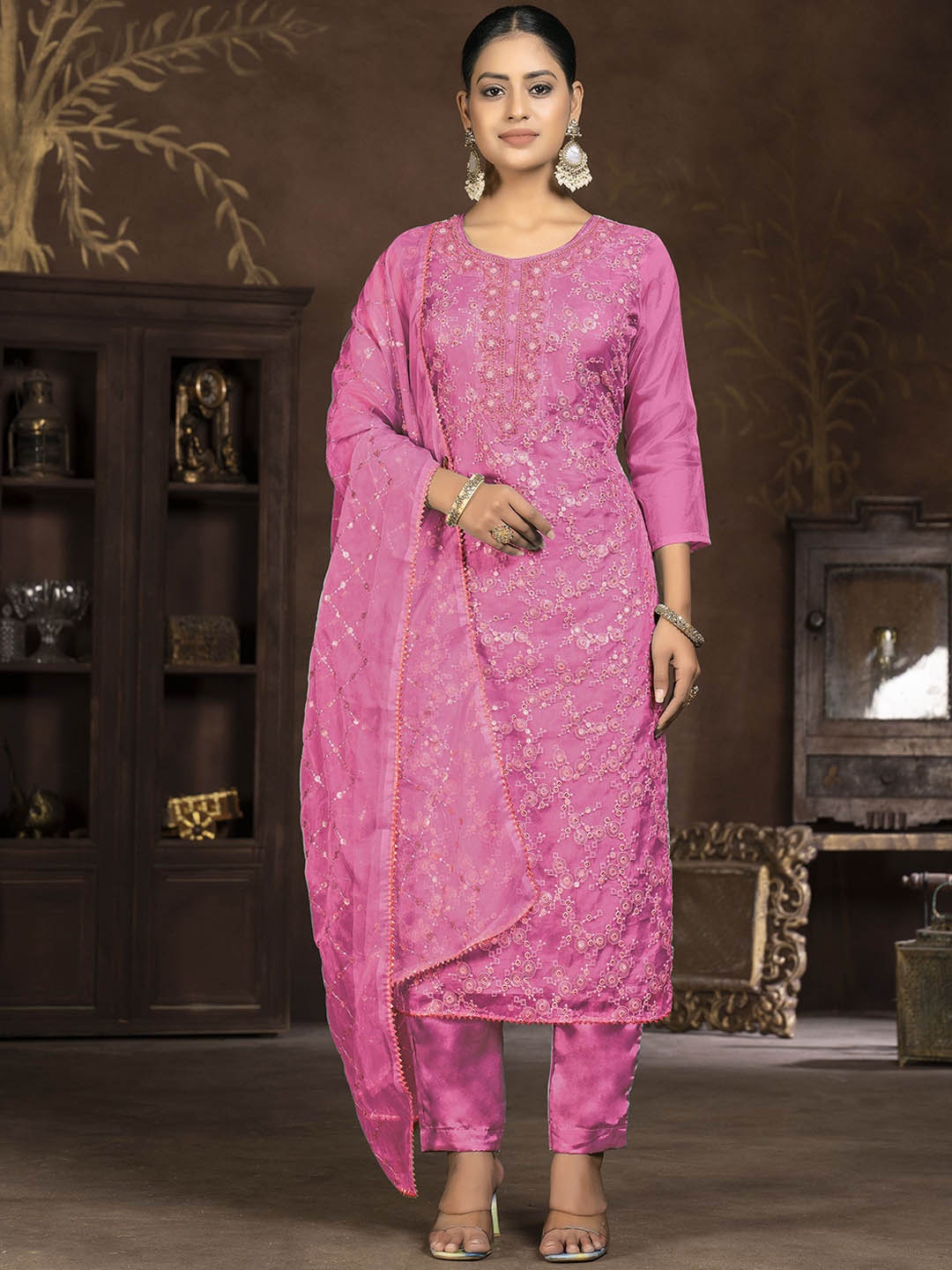 

Maroosh Ethnic Motifs Embroidered Beads and Stones Organza Unstitched Dress Material, Pink