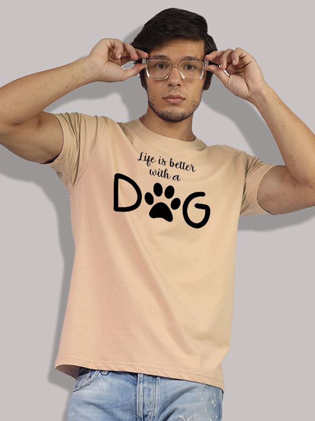 

Greylongg Men Typography Printed Round Neck Cotton T-shirt, Beige