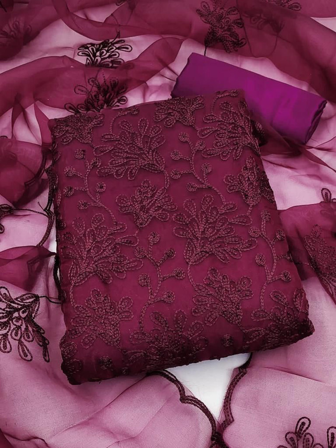 

Sidhidata Floral Embroidered Thread Work Organza Unstitched Dress Material, Purple