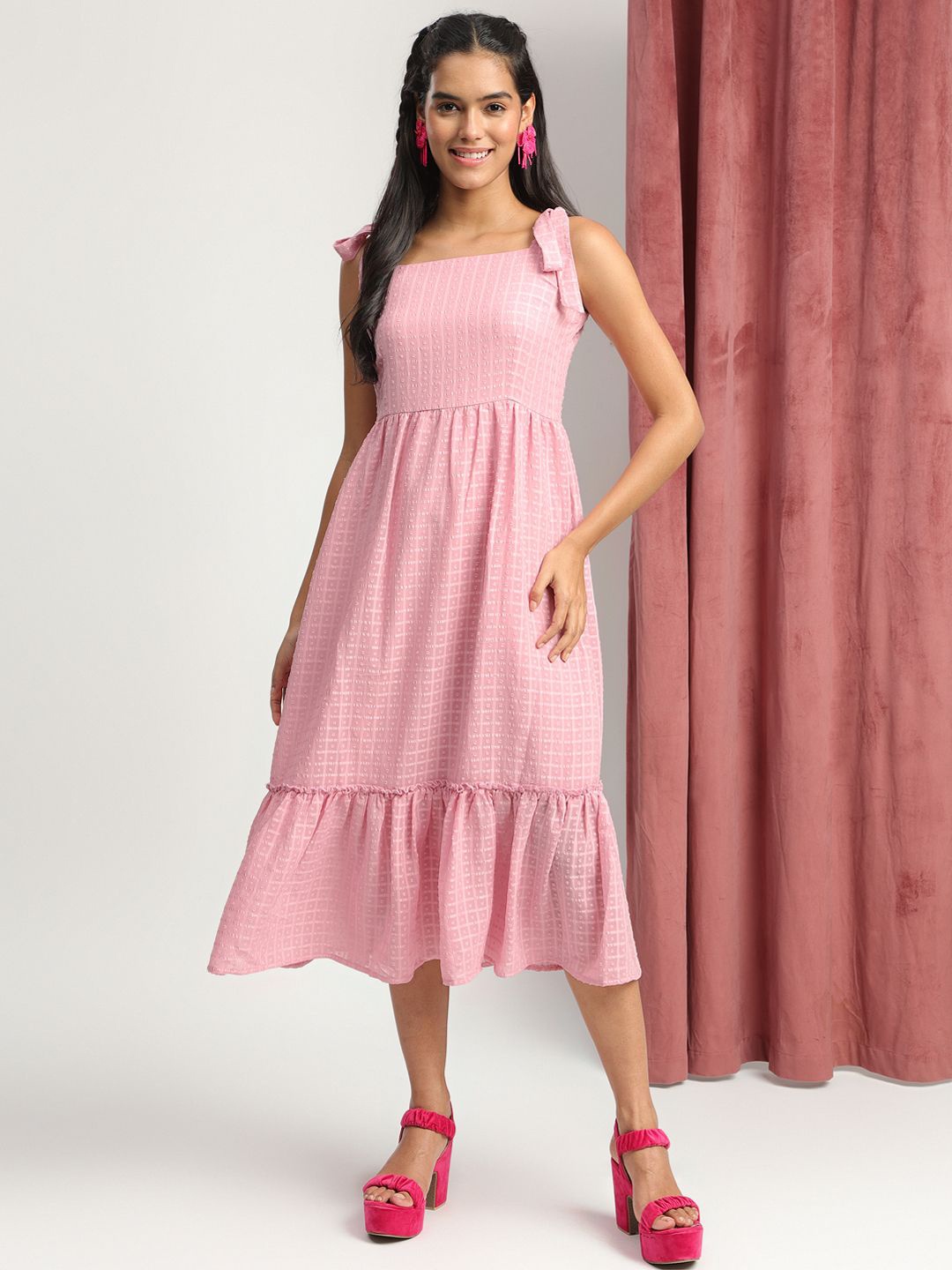 

J Turritopsis Women Checked A-Line Midi Dress, Pink