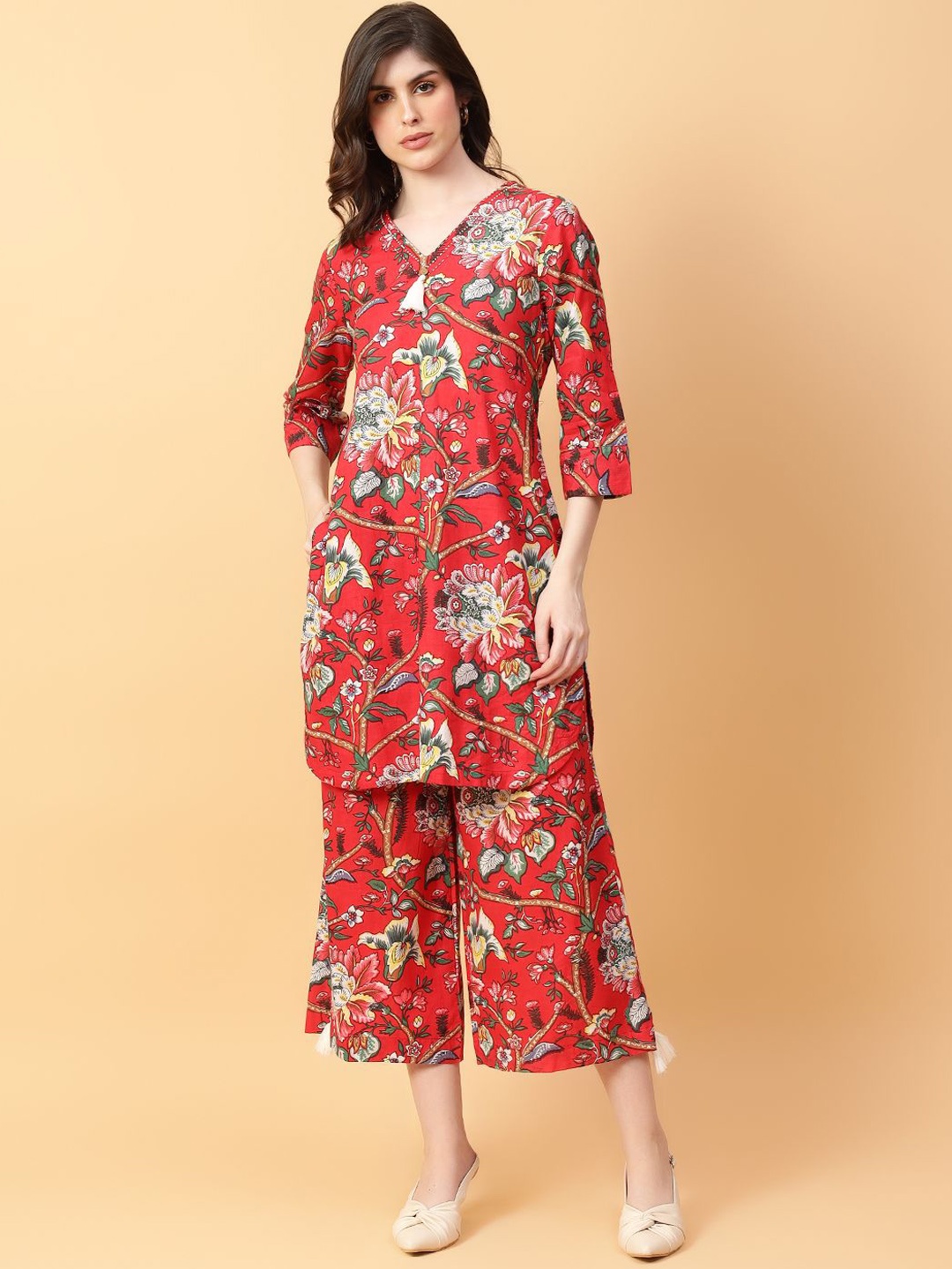 

aayusika Printed Pure Cotton Three Quarter Sleeves Tunic & Capris, Red