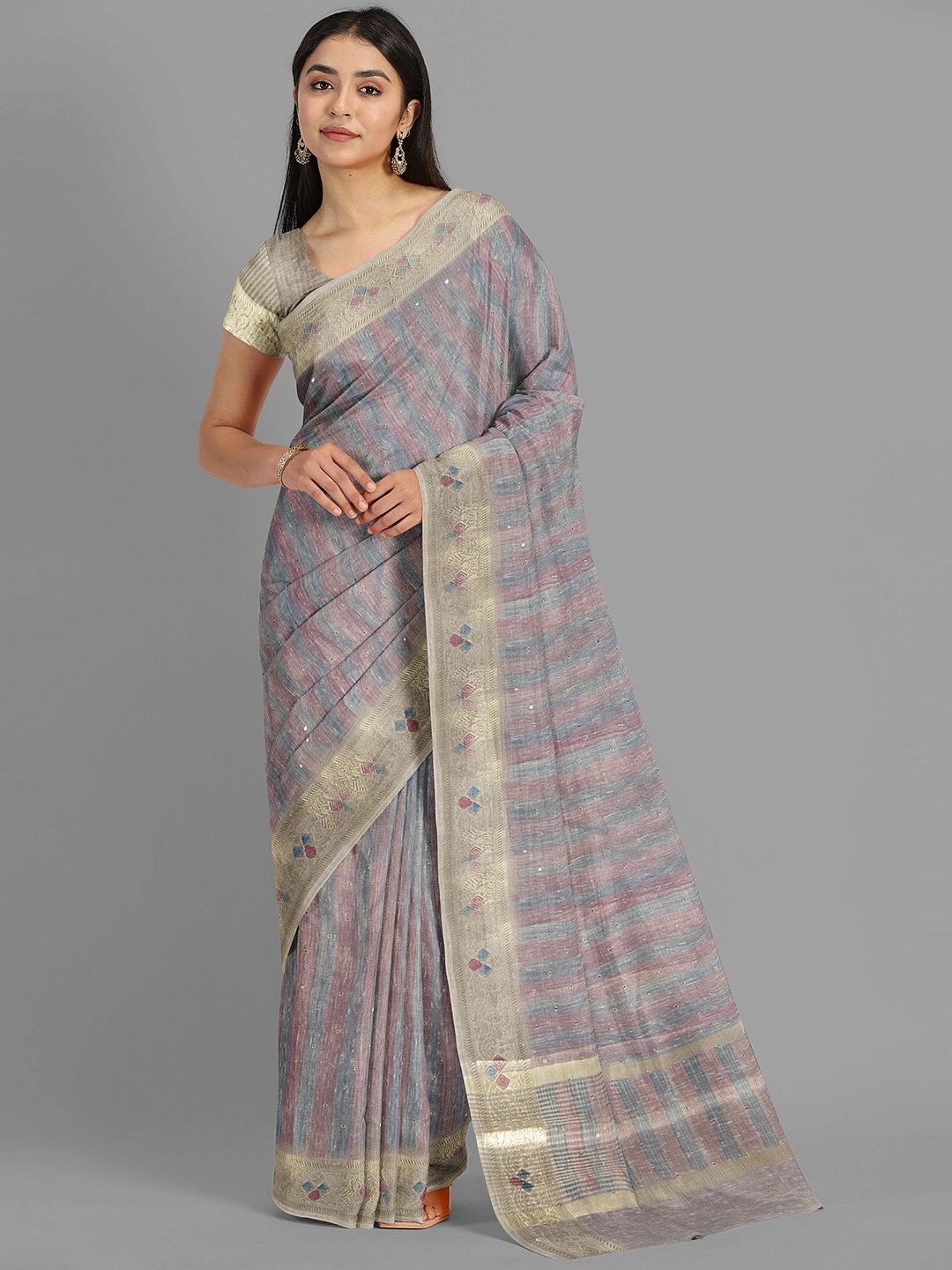 

The Chennai Silks Striped Mukaish Work Jute Cotton Saree, Blue