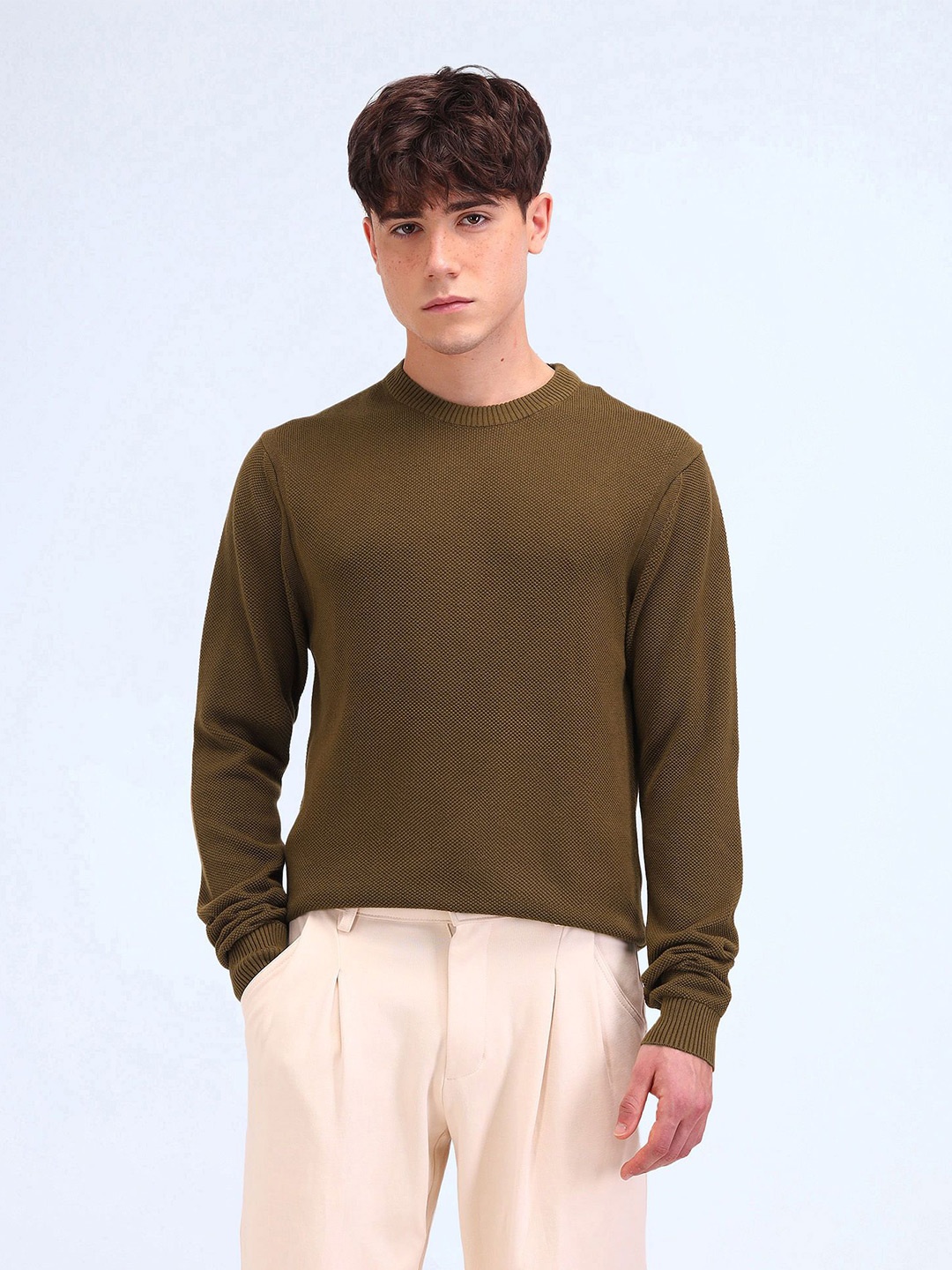 

Flying Machine Men Round Neck Cotton Pullover, Olive