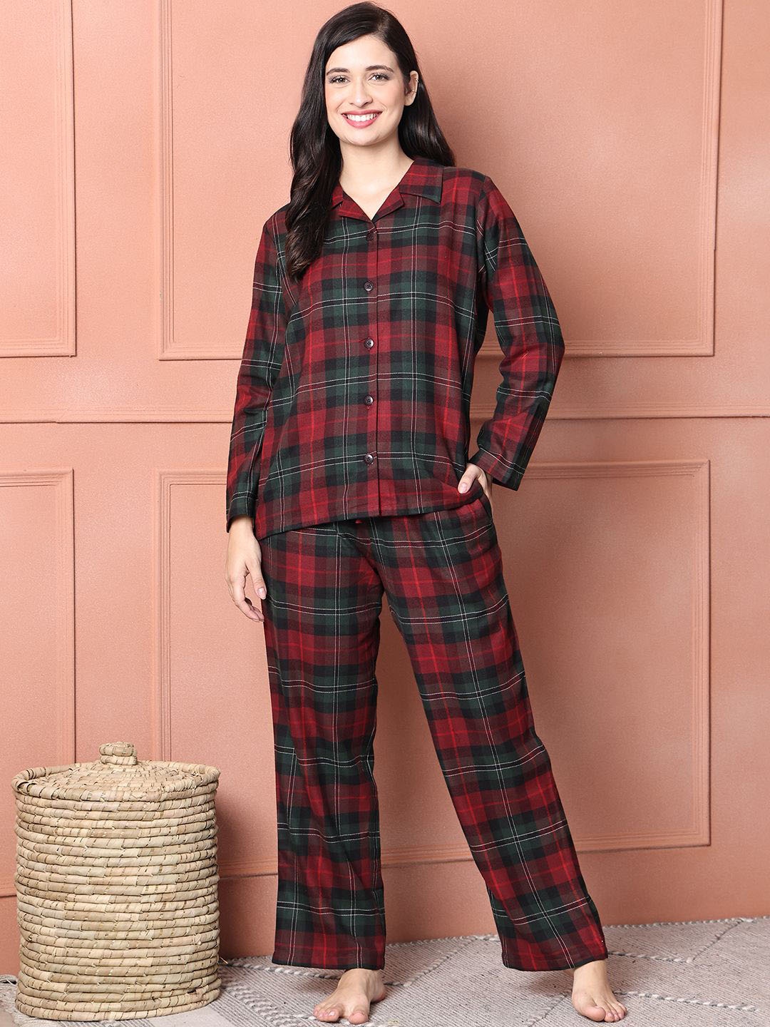 

Secret Wish Women Pure Cotton Flannel Checked Night suit, Red