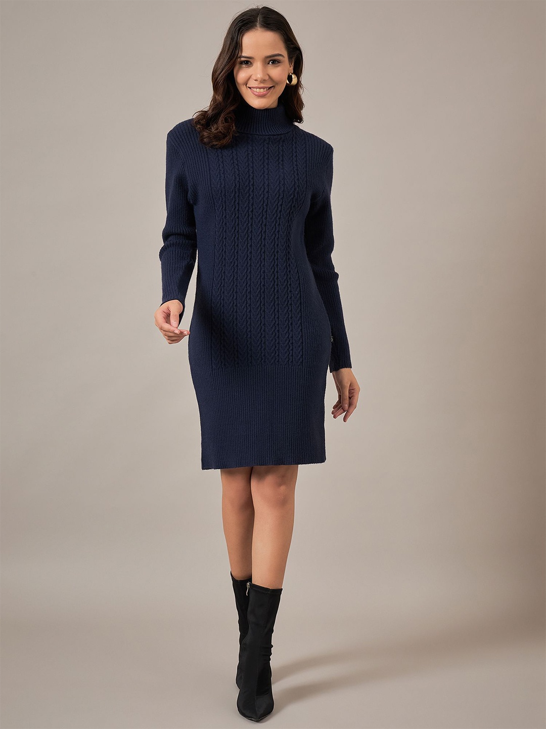 

The Roadster Lifestyle Co Women Above Knee Long Sleeves Woolen Bodycon Dress, Navy blue