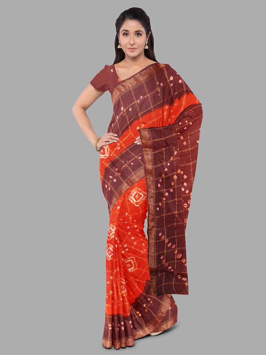 

The Chennai Silks Checked Printed Pure Cotton Gadwal Saree, Orange