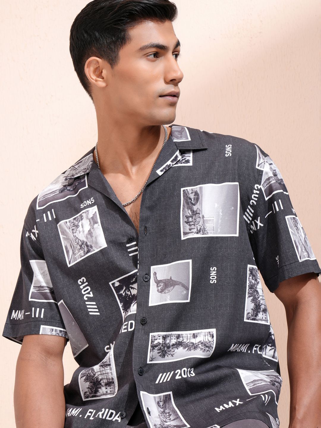 

LOCOMOTIVE Men Cuban Collar Graphic Printed Cotton Relaxed Fit Casual Shirt, Black