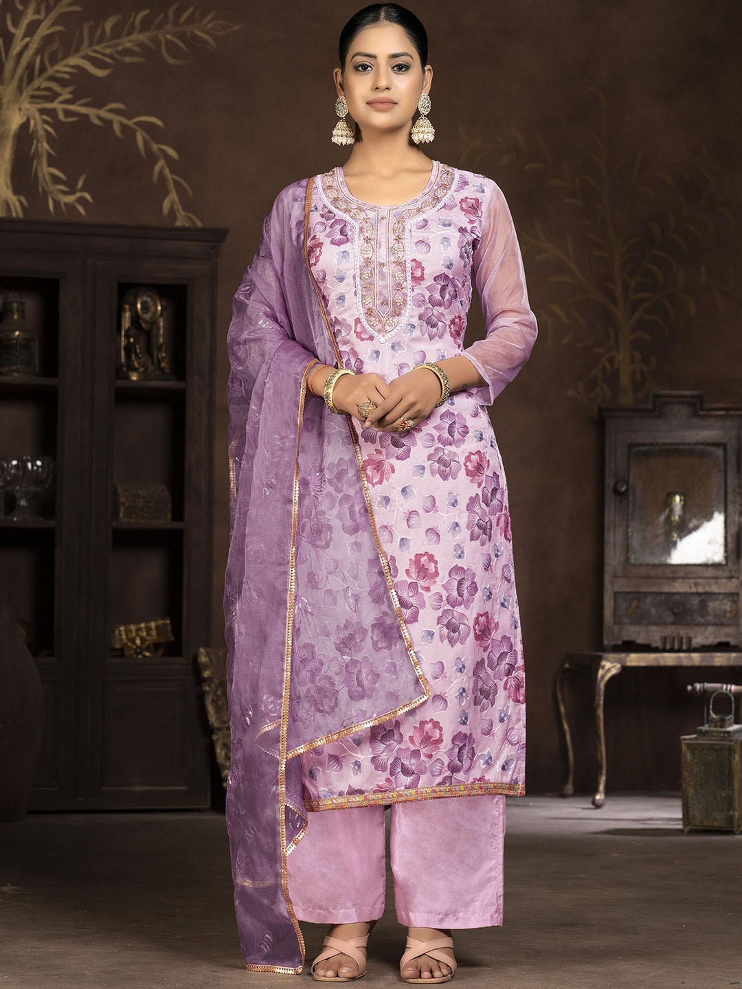 

Maroosh Floral Embroidered Organza Unstitched Dress Material, Purple