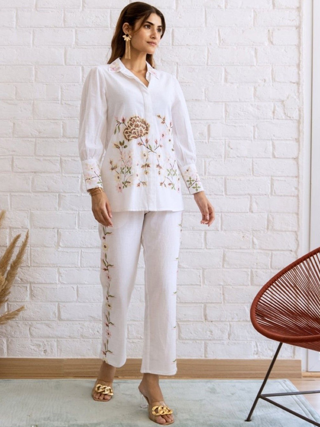 

AUTUMN LANE Embroidered Pure Cotton Shirt With Trouser, White