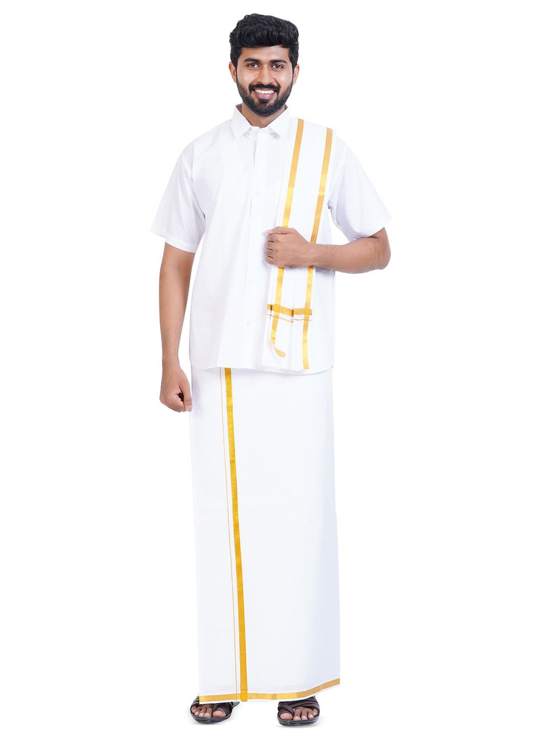 

Ethazh Men Pure Cotton Shirt with Veshti & Angavasthiram, White