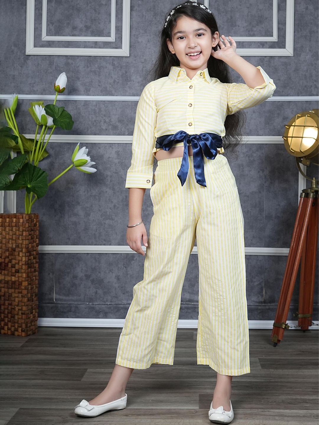 

RANJ Girls Striped Cotton Shirt With Trouser, Yellow