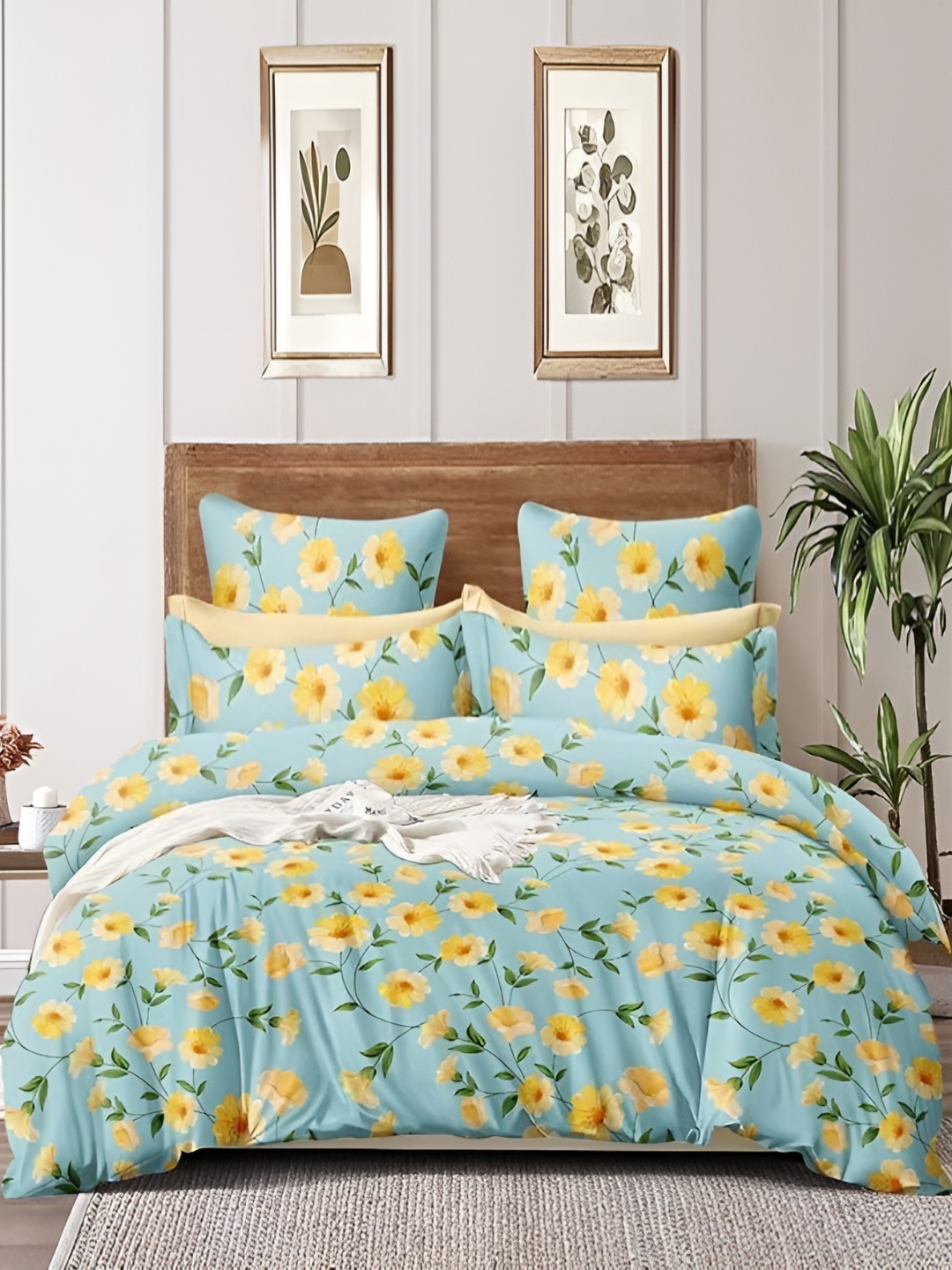 

MORADO Blue & Yellow Floral Printed Cotton Double Bed Duvet Cover