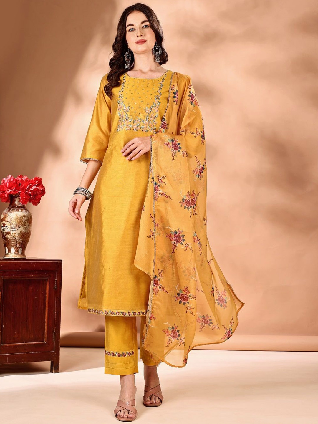 

JIVORA Floral Embroidered Sequined Straight Kurta With Trousers & Dupatta, Yellow