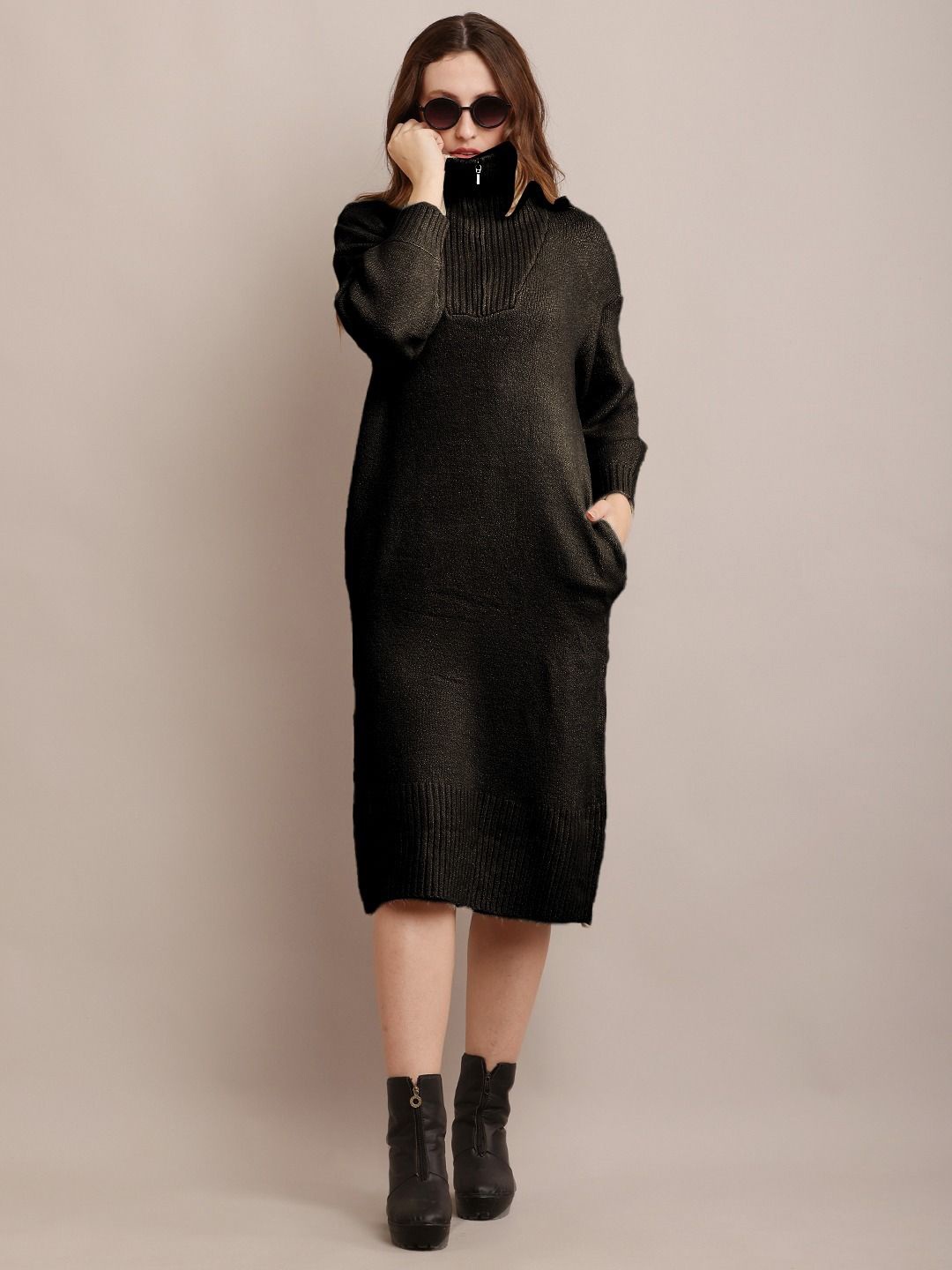 

NoBarr Women Shirt Collar Jumper Dress Midi Dress, Black