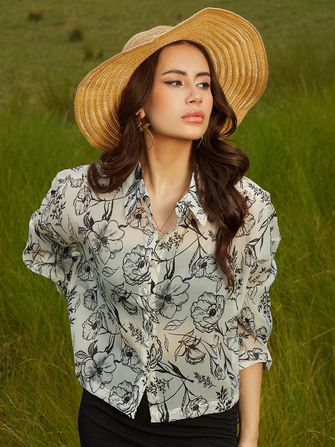 

PINACOLADA Women Comfort Spread Collar Floral Printed Oversized Casual Shirt, Black