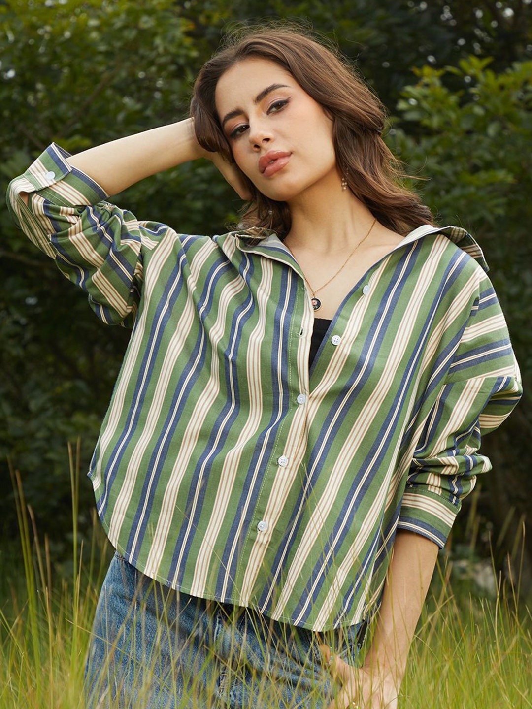 

Campus Sutra Women Comfort Spread Collar Multi Striped Oversized Casual Shirt, Olive