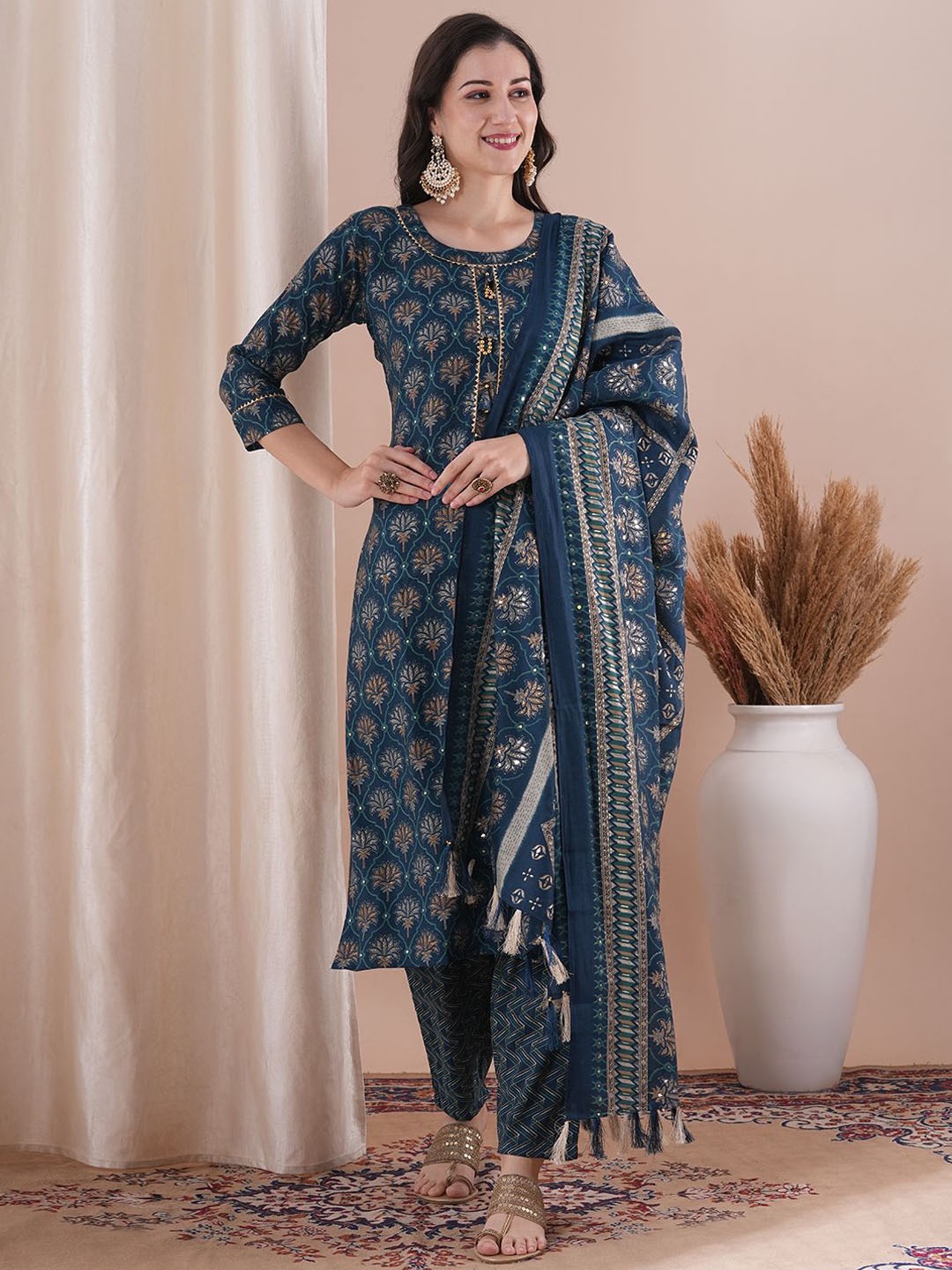 

FASHOR Round Neck Floral Printed Straight Kurta with Trouser & Dupatta, Teal