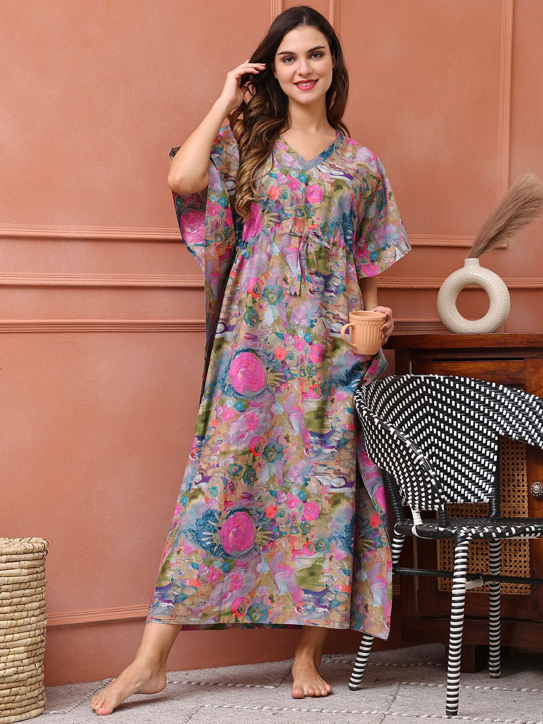 

Claura Women Floral Printed Pure Cotton Maxi Nightdress, Pink