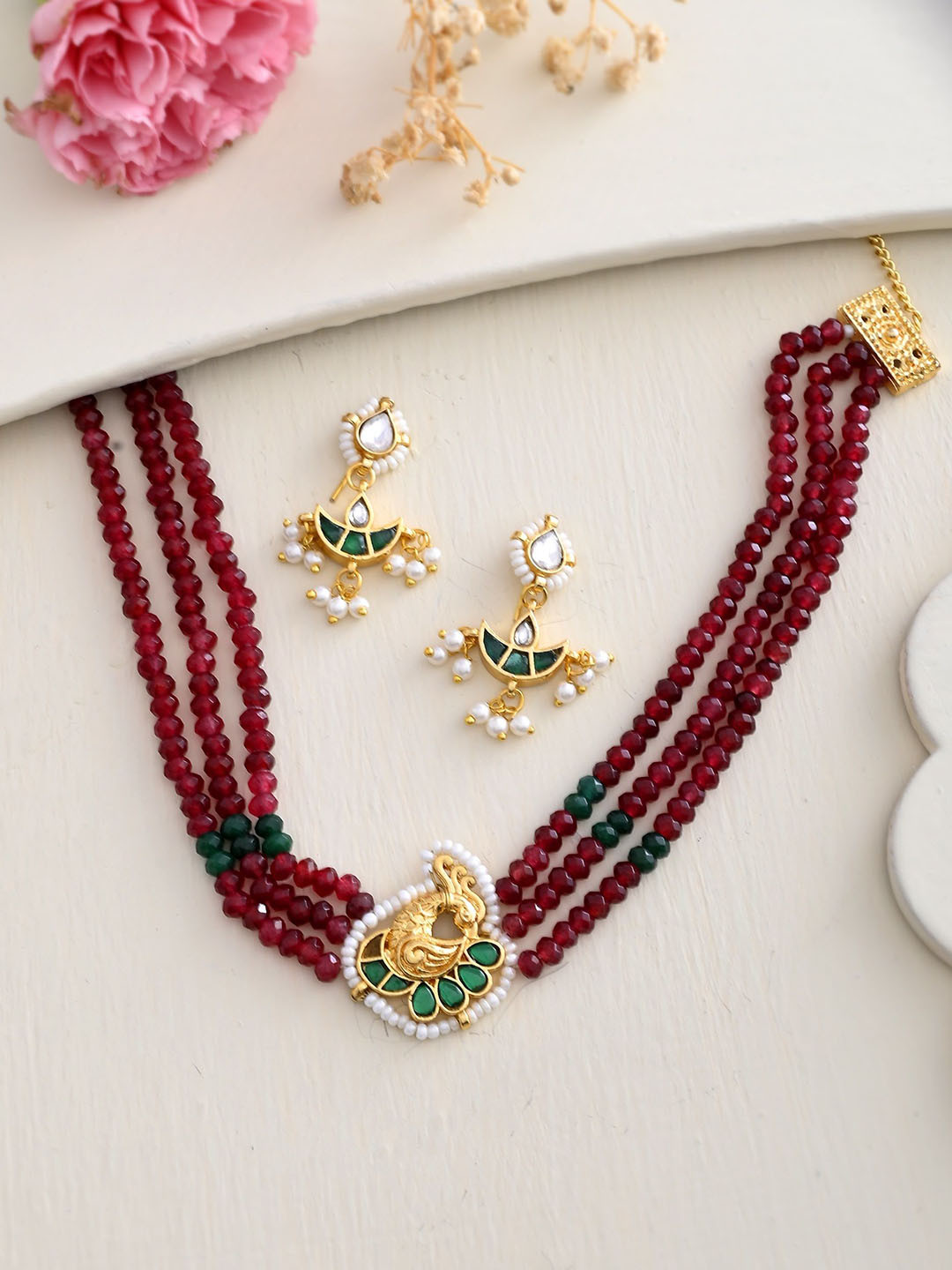 

DASTOOR Gold Plated & Beaded Jewellery Set, Maroon