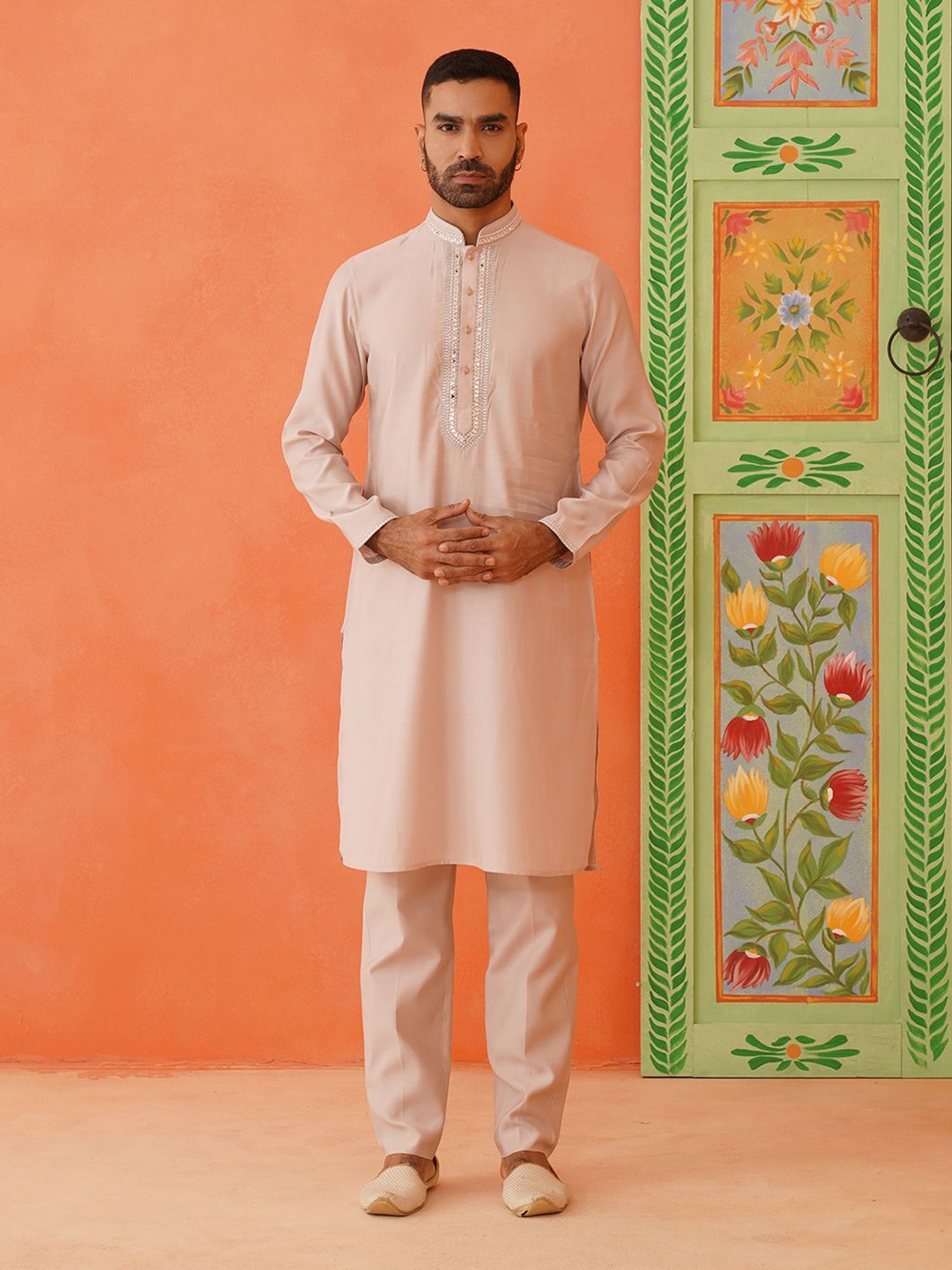 

TheEthnic.Co Ethnic Motifs Yoke Design Kurta & Trouser With Nehru jacket, Peach