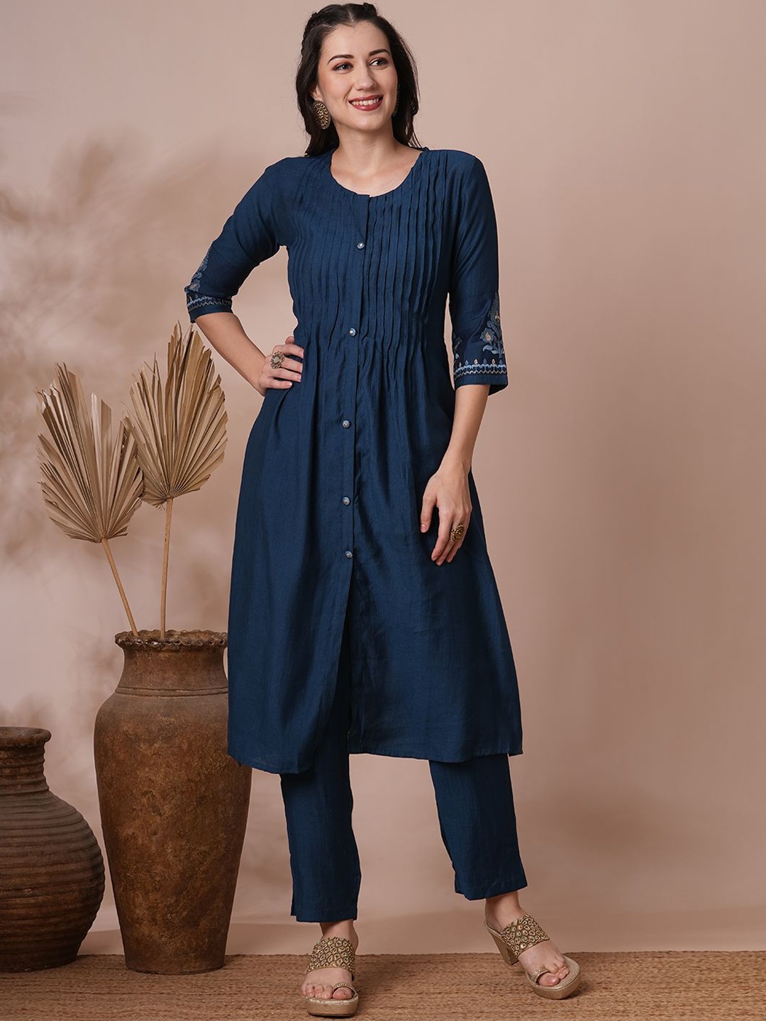 

FASHOR Round Neck Three-Quarter Sleeves Top With Trouser, Blue