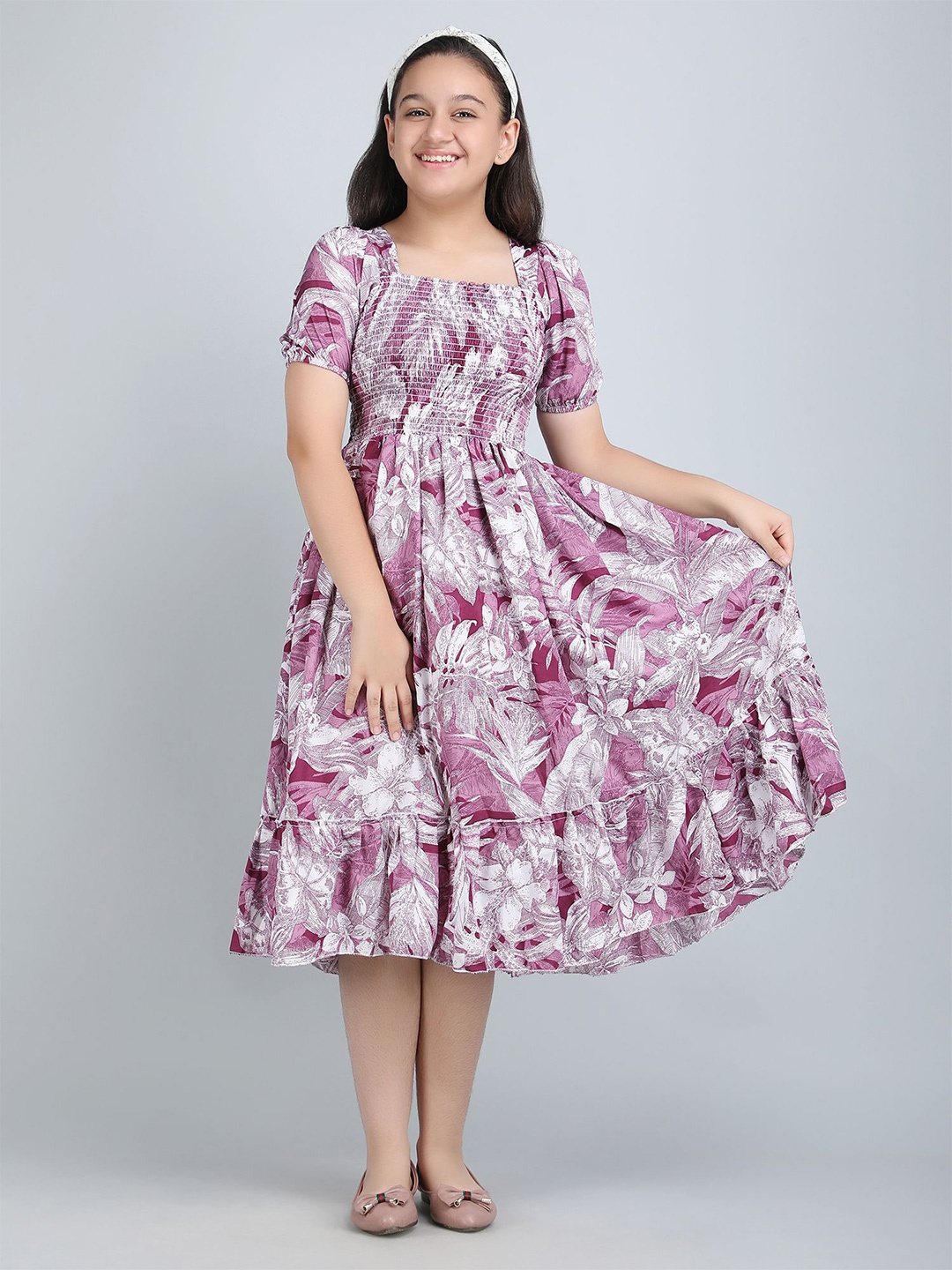 

DEKLOOK Girls Puff Sleeve Crepe Formal Fit & Flare Dress, Purple