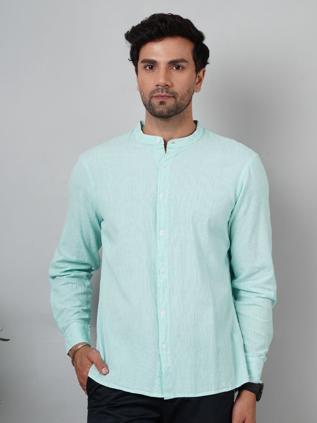 

NUEVOSDAMAS Men Smart Band Collar Solid Cotton Casual Shirt, Green