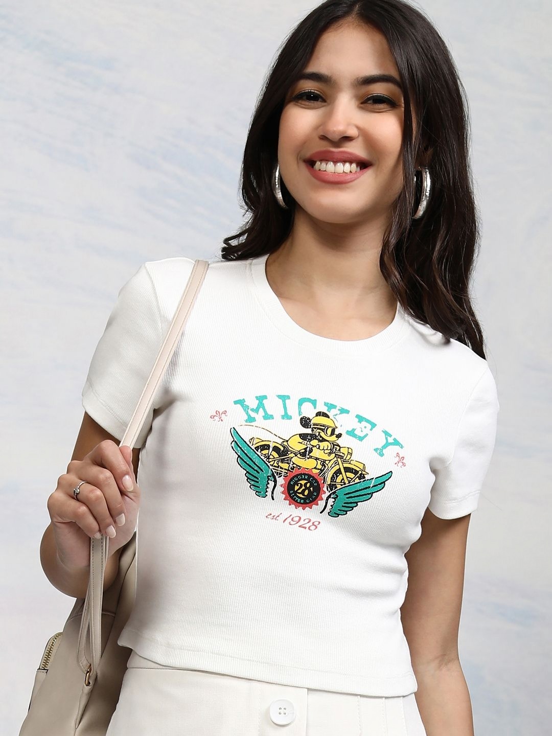 

Tokyo Talkies Women Graphic Printed Round Neck Cotton Mickey Mouse Tshirt, White