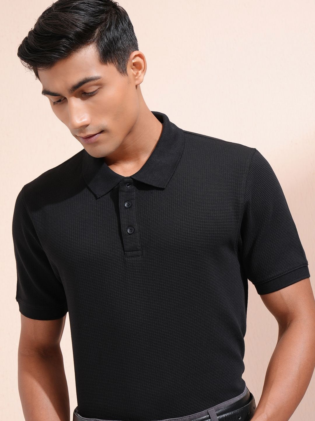 

LOCOMOTIVE Men Self Design Polo Collar Cotton Relaxed Fit T-shirt, Black