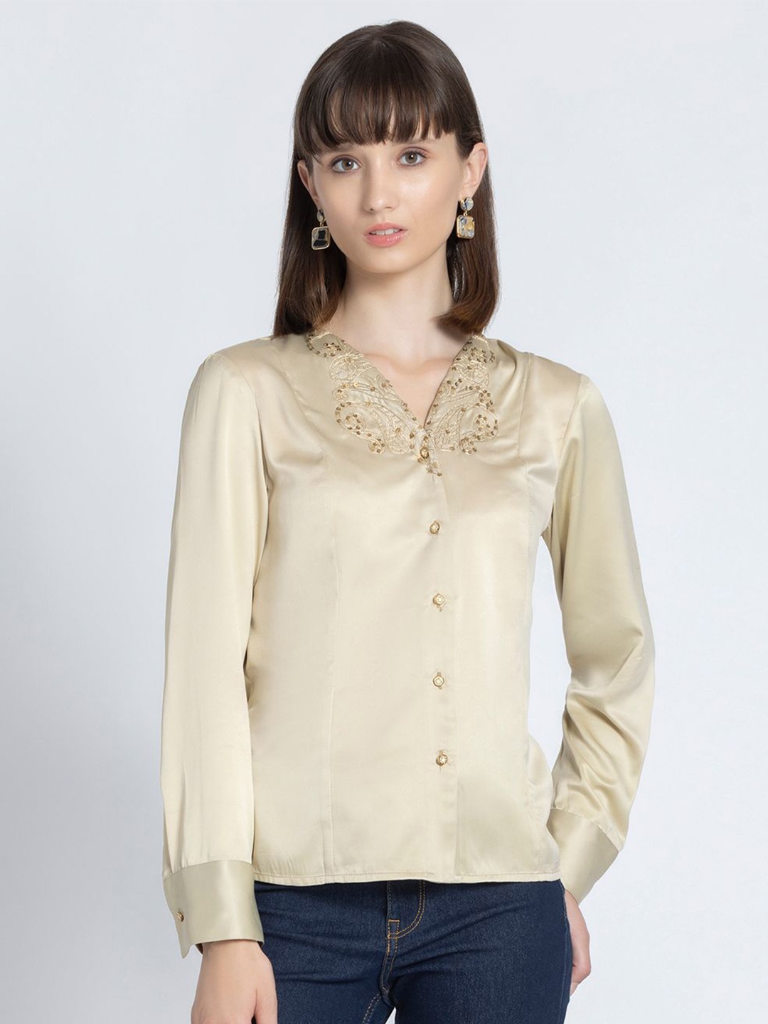 

SHAYE Women Relaxed Opaque Party Shirt, Beige