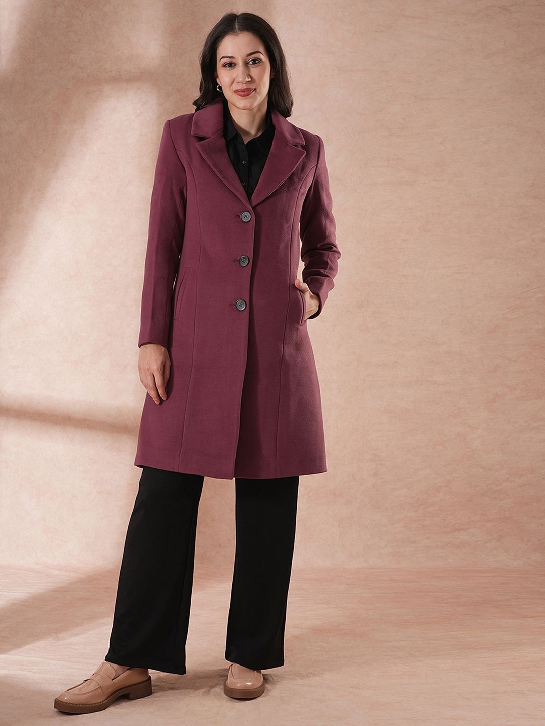 

Globus Women Notched Lapel Self Design Single-Breasted Pea Coat, Mauve