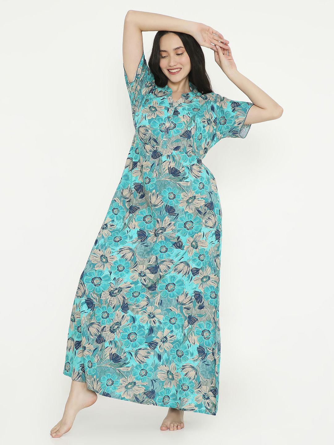 

NIGHTSPREE Women Printed Maxi Nightdress, Blue
