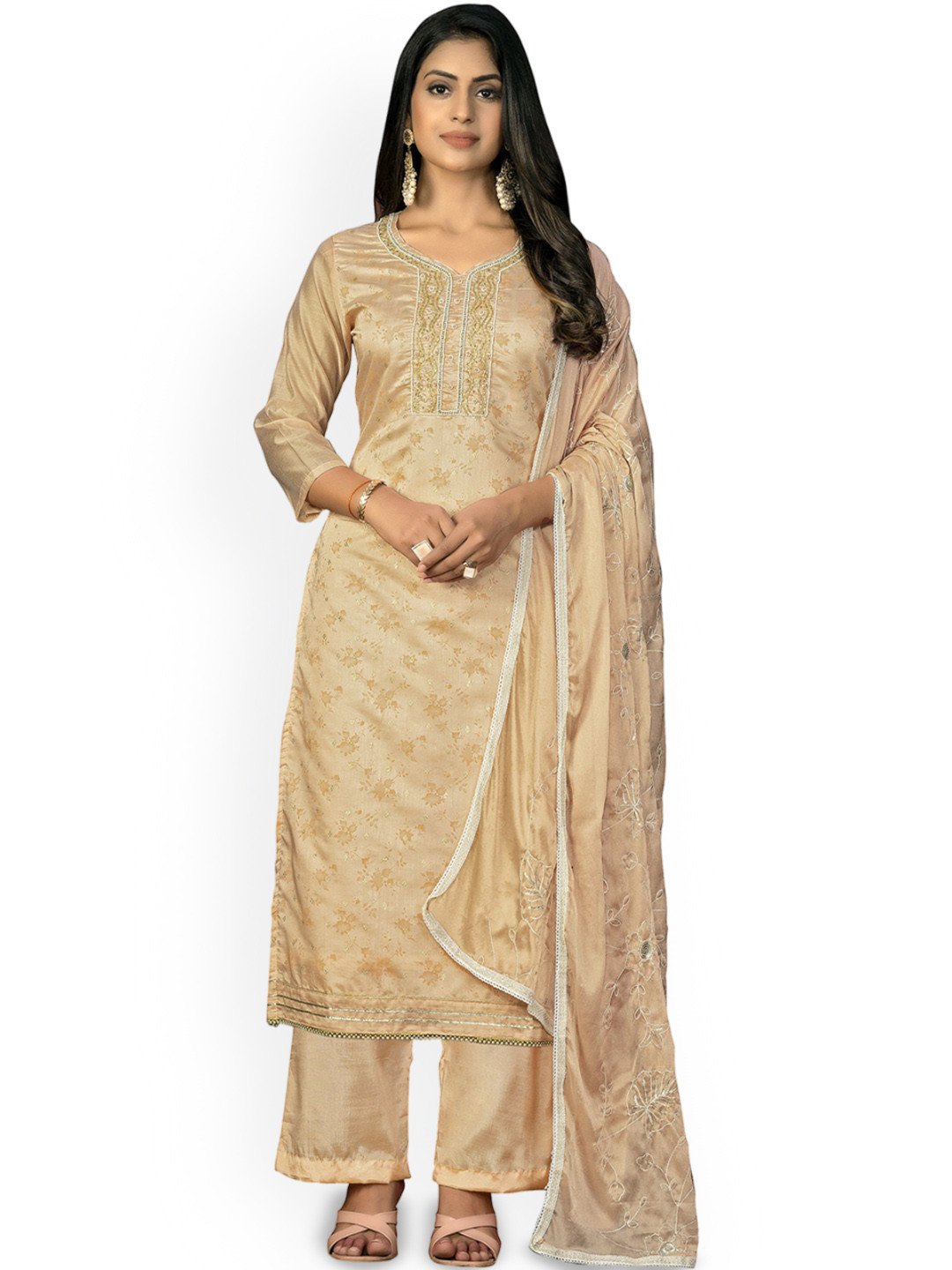 

Maroosh Floral Embroidered Beads and Stones Cotton Jacquard Unstitched Dress Material, Beige