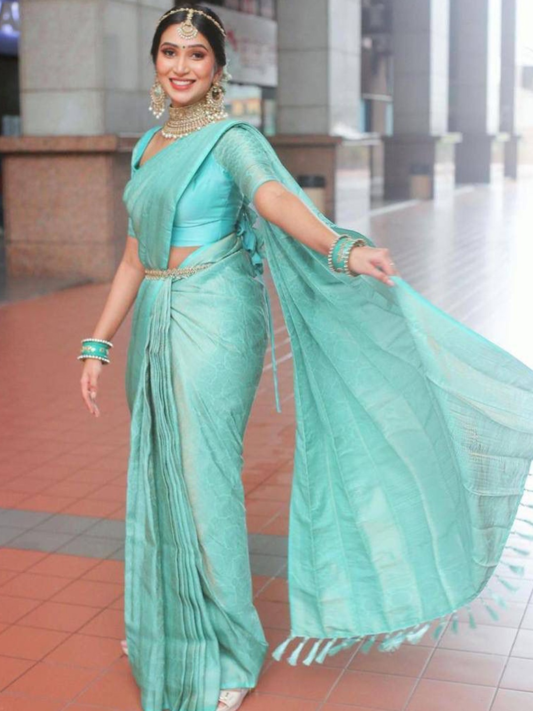 

KALINI Woven Design Pure Silk Banarasi Saree, Sea green