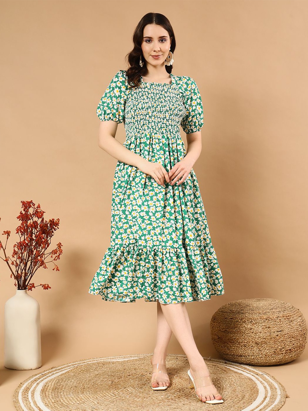 

DEKLOOK Women Floral Printed Smocked Fit & Flare Dress, Green