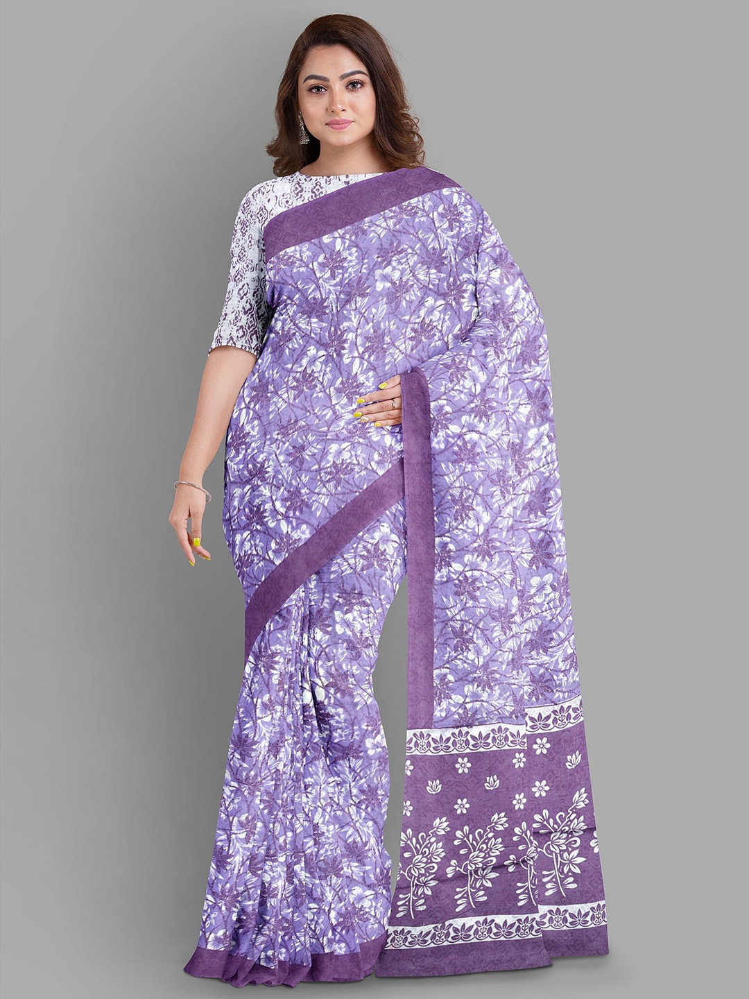

The Chennai Silks Women Floral Print Pure Cotton Gadwal Saree, Purple