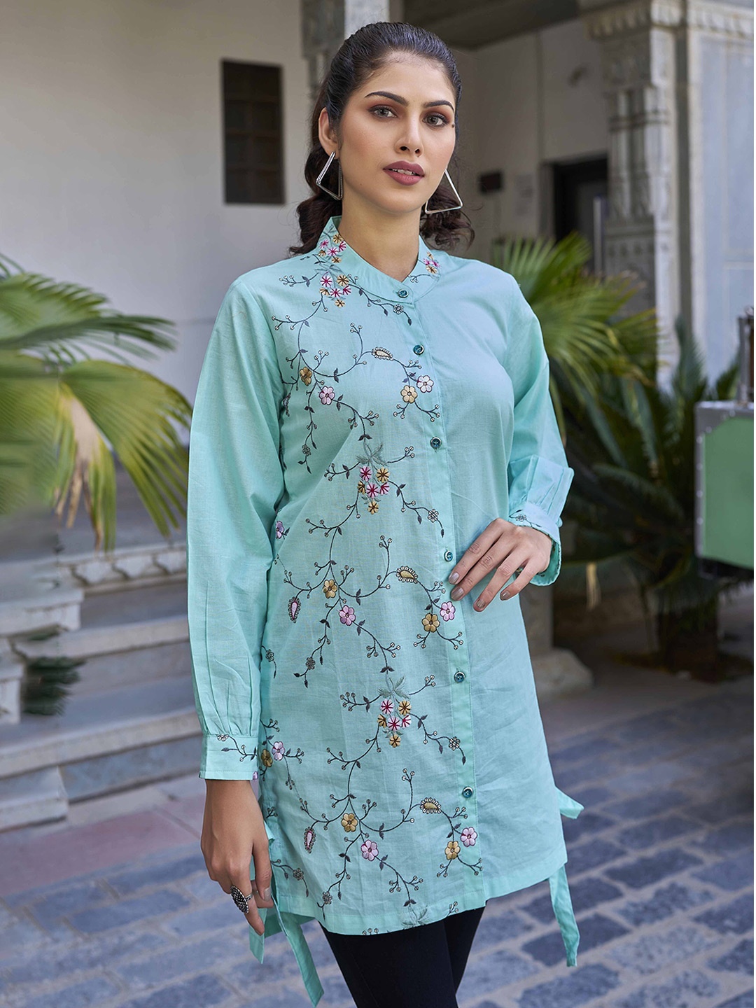

Flossy Women Floral Embroidered Shirt Dress, Blue