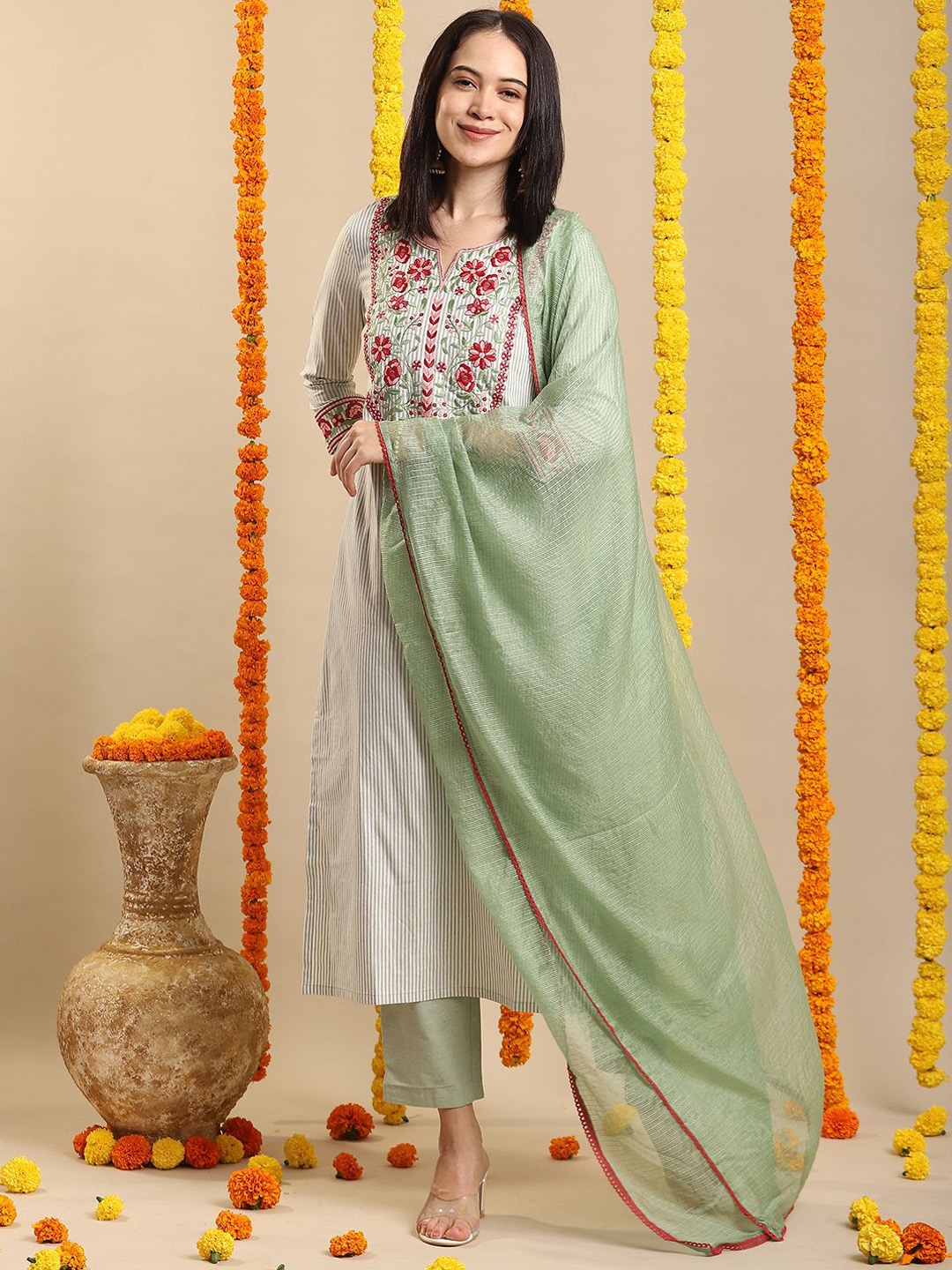 

Anni Designer Floral Embroidered Straight Kurta With Trouser & Dupatta, Green