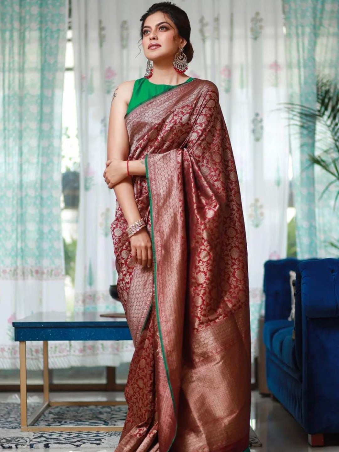 

KALINI Woven Design Pure Silk Banarasi Saree, Maroon