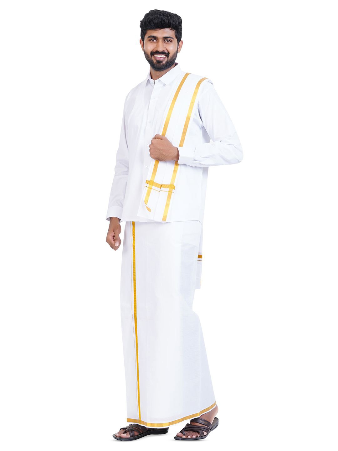 

Ethazh Men Pure Cotton Shirt with Adjustable Veshti & Angavasthiram, White